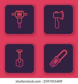 Set line Construction jackhammer, Shovel, Wooden axe and Chainsaw. Blue square button. Vector