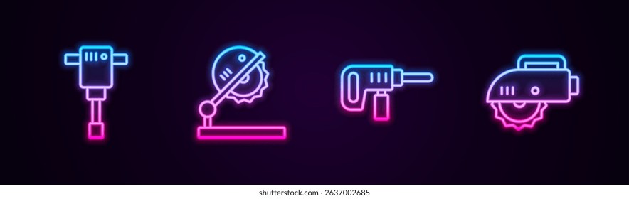 Set line Construction jackhammer, Table saw for woodwork, Electric drill machine and circular. Glowing neon icon. Vector