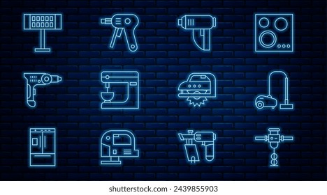 Martillo de construcción, aspirador, secador industrial eléctrico, mezclador, máquina de perforación, calentador, sierra circular e icono de pistola de pegamento caliente. Vector