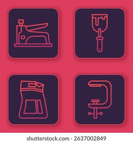 Set line Construction stapler, Cement bag, Putty knife and Clamp and screw tool. Blue square button. Vector
