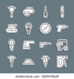 Set Line Construction Stapler, Power Electric Generator, Electric Cordless Screwdriver, Screwdriver, Angle Grinder, Planer Tool, Jackhammer And Circular Saw Blade Icon. Vector