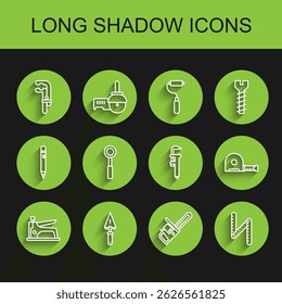 Set line Construction stapler, Trowel, Clamp tool, Chainsaw, Folding ruler, Wrench spanner, Roulette construction and Calliper or caliper and scale icon. Vector