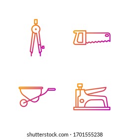 Set line Construction stapler, Wheelbarrow, Drawing compass and Hand saw. Gradient color icons. Vector