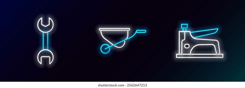 Set line Construction stapler, Wrench spanner and Wheelbarrow icon. Glowing neon. Vector