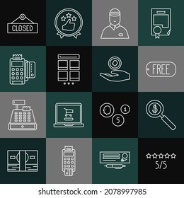 Set line Consumer or customer product rating, Price tag with text Free, Seller, Online shopping mobile, POS terminal credit card, Hanging sign Closed and Hand holding coin money icon. Vector