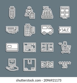 Fijar la línea Clasificación de productos para consumidores o clientes, la etiqueta Precio con texto Venta, Máquina de registro de efectivo, tarjeta de crédito de terminal POS, bolígrafo de cheque bancario y icono de vehículo de camión de carga de entrega. Vector
