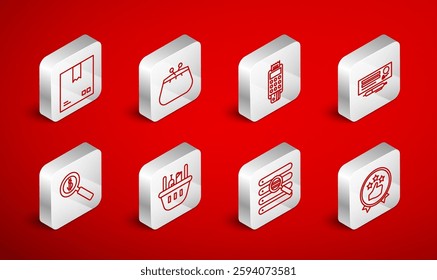 Set line Consumer or customer product rating, Bank check and pen, Search browser window, Cardboard box traffic symbol, Shopping basket food and Magnifying glass dollar icon. Vector