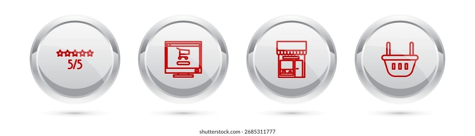 Clasificación de productos de consumo o Cliente, computadora de Carrito de compras, tienda de mercado de construcción y cesta. Botón de círculo plateado. Vector