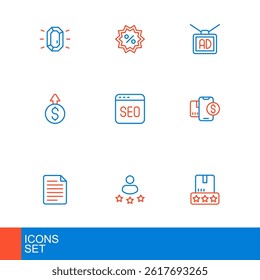 Set line Consumer product rating, File document, Mobile with dollar, Financial growth, SEO optimization, Advertising and Discount percent tag icon. Vector