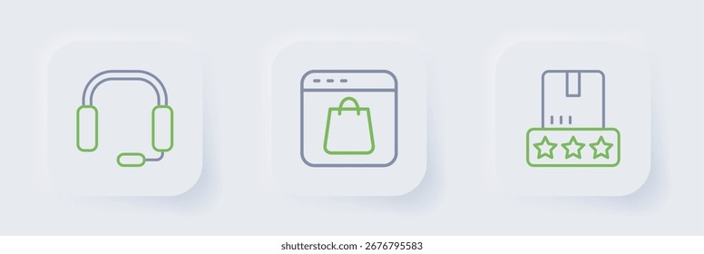 Definir a classificação dos produtos de Consumidor, tela de compras online e ícone de fones de ouvido. Vetor