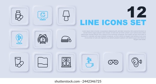 Set line Contact lens container, Earplugs and ear, Alarm clock, Chamomile tea, Sleepy, Pillow, Moon stars and Window with curtains icon. Vector