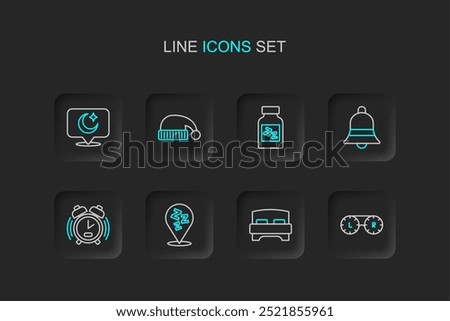 Set line Contact lens container, Big bed, Sleepy, Alarm clock, Ringing bell, Sleeping pill, hat and Moon and stars icon. Vector