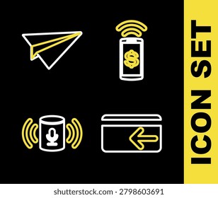 Set line Contactless payment, Cash back, Voice assistant and Paper plane icon. Vector