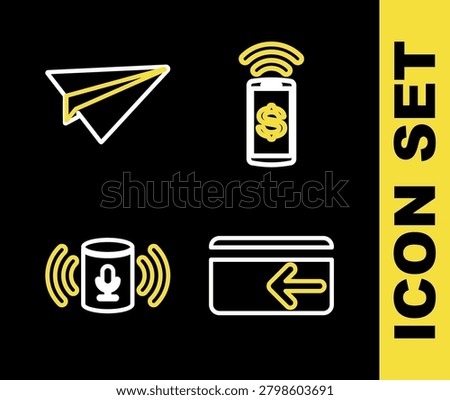 Set line Contactless payment, Cash back, Voice assistant and Paper plane icon. Vector