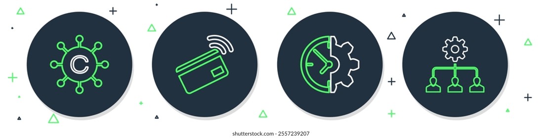 Set line Contactless payment, Clock and gear, Copywriting network and Lead management icon. Vector