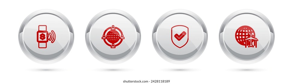 Set line Contactless payment, Outsourcing concept, Shield with check mark and Globe flying plane. Silver circle button. Vector