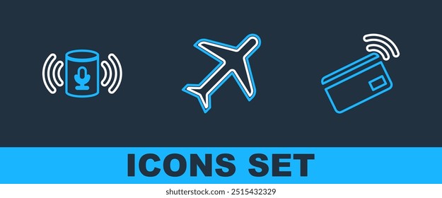 Set line Contactless payment, Voice assistant and Plane icon. Vector