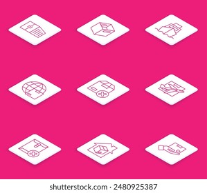 Contenedor de la línea del sistema, caja de cartón del cartón, buque de carga con la entrega de las cajas, envío mundial, avión y transporte, sobre del Borrar e icono de los servicios caseros. Vector