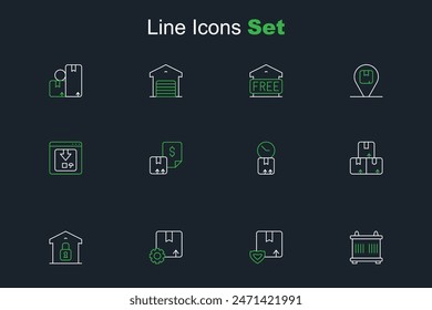 Set line Container, Delivery security with shield, Gear package box, Closed warehouse, Carton cardboard, Cardboard clock, Waybill and Online app delivery tracking icon. Vector