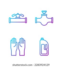 Set line Container with drain cleaner, Rubber gloves, Industry pipe and valve and Industry pipe and valve. Gradient color icons. Vector