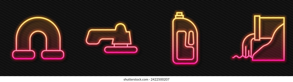 Container mit Abflussreiniger, Industriemetallisches Rohr, Wasserhahn und Abwasser. Leuchtendes Neonsymbol. Vektorgrafik