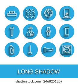 Set line Container with drain cleaner, Mop, Industry pipe and valve, metallic, Manhole sewer cover, Plumber,  and Water meter icon. Vector