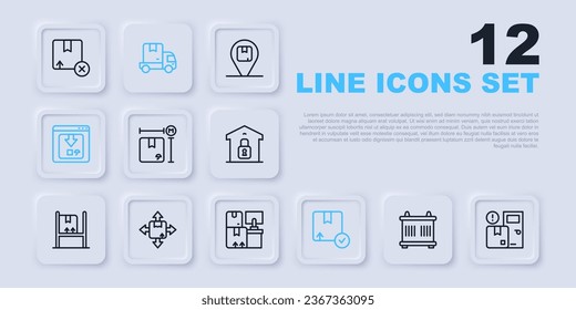 Set line Container, Home delivery services, Cardboard box measurement, Carton cardboard, Online app tracking, Delivery cargo truck and Warehouse with boxes icon. Vector