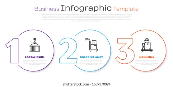 Set line Container on crane, Hand truck and boxes  and Scale with cardboard box . Business infographic template. Vector