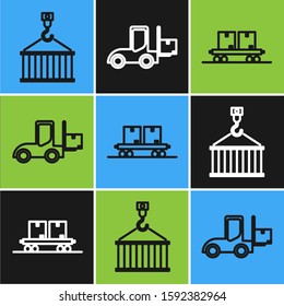 Set line Container on crane, Railway carriage  and Forklift truck  icon. Vector