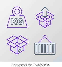 Set line Container on crane, Unboxing,  and Weight icon. Vector