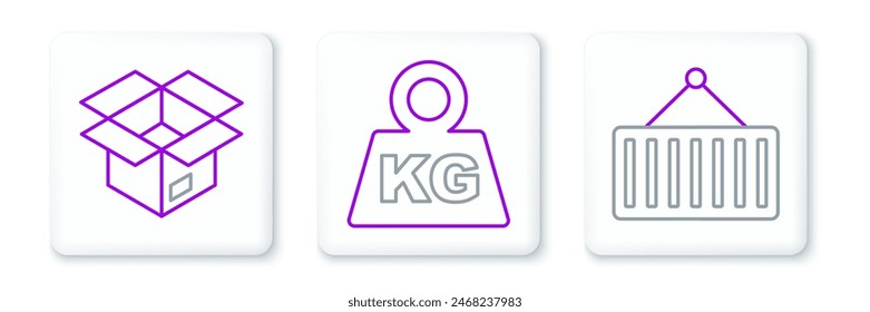 Set line Container on crane, Unboxing and Weight icon. Vector