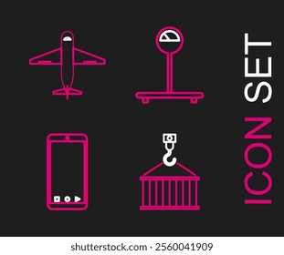 Set line Container on crane, Mobile phone with app delivery tracking, Scale and Plane icon. Vector