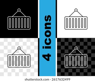 Set line Container on crane icon isolated on black and white, transparent background. Crane lifts a container with cargo.  Vector