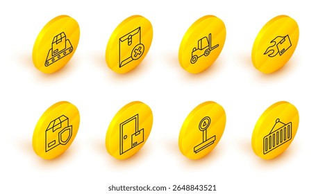 Set line Container on crane, Scale, Home delivery services, Delivery security with shield, Carton cardboard box, Forklift truck, Delete envelope and Conveyor belt icon. Vector