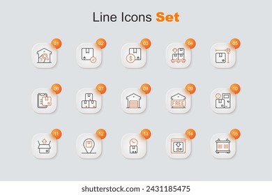 Set line Container, Online app delivery tracking, Cardboard box with clock, Location cardboard, Unboxing, Home services, Free storage and Warehouse icon. Vector