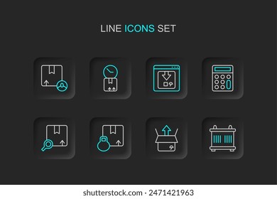 Set line Container, Unboxing, Carton cardboard, Search package, Calculator, Online app delivery tracking, Cardboard with clock and  icon. Vector