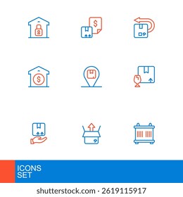 Set line Container, Unboxing, Delivery hand with, Package fragile content, Warehouse price, Location cardboard, Return and Waybill icon. Vector