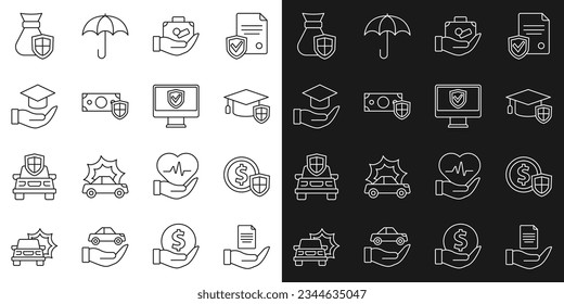 Set line Contract in hand, Money with shield, Graduation cap, Travel suitcase, Education grant, bag and Insurance online icon. Vector