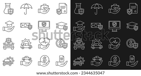 Set line Contract in hand, Money with shield, Graduation cap, Travel suitcase, Education grant, bag and Insurance online icon. Vector