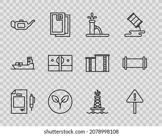 Set line Contract money and pen, Exclamation mark in triangle, Oil pump or pump jack, Bio fuel, Canister for motor oil, Stacks paper cash, rig with fire and Industry pipe icon. Vector
