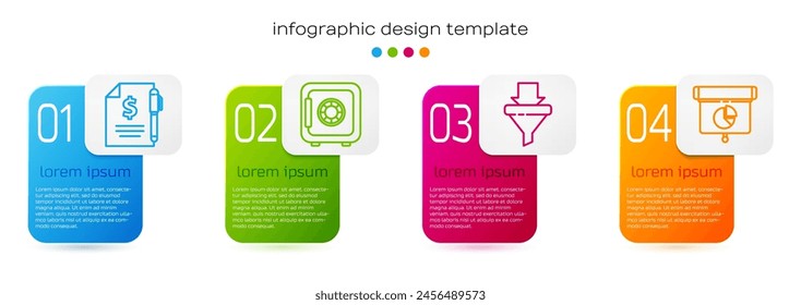 Set line Contract money and pen, Safe, Sales funnel with arrows and Graph, chart, diagram, infographic. Business infographic template. Vector