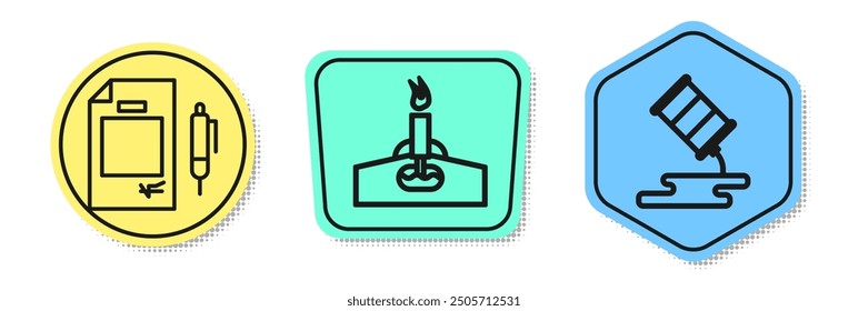 Set line Contract money and pen, Oil rig with fire and Barrel oil leak. Colored shapes. Vector