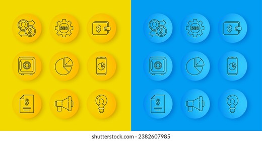 Fijar línea Dinero del contrato, Seguro, Gráfico circular infográfico, Bombilla con concepto de idea, Teléfono móvil, Cambio de promoción de empleo, Moneda de billetera y icono de la rueda de la etiqueta Seo. Vector