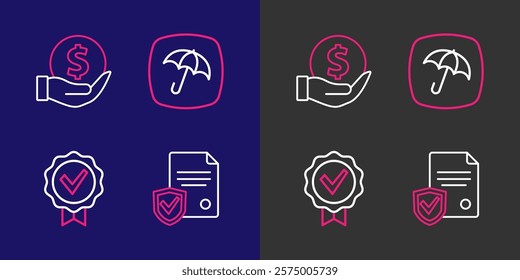 Set line Contract with shield, Approved and check mark, Umbrella and Money icon. Vector