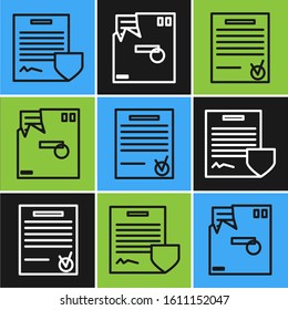 Set line Contract with shield, Confirmed document and check mark and Ordered envelope icon. Vector