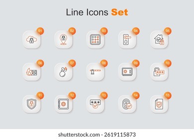 Set line Contract with shield, Fingerprint, Password protection, Safe, Shield security lock, Cyber,  and Parking car barrier icon. Vector