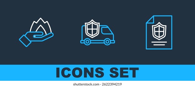 Set line Contract with shield, Hand holding fire and Car icon. Vector