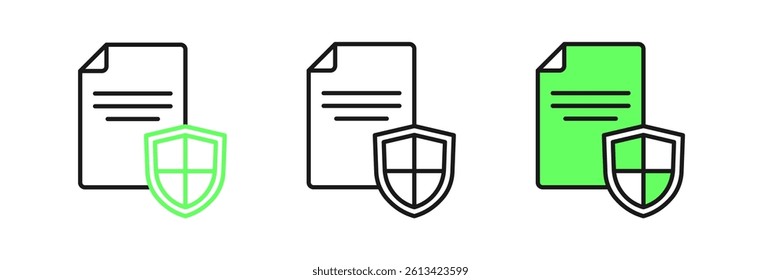 Set line Contract with shield icon isolated on white background. Insurance concept. Security, safety, protection, protect concept.  Vector