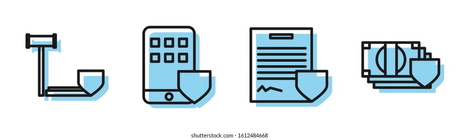 Set line Contract with shield, Judge gavel with shield, Smartphone insurance and Money with shield icon. Vector