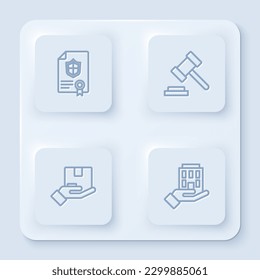 Set line Contract with shield, Judge gavel, Delivery insurance and House hand. White square button. Vector